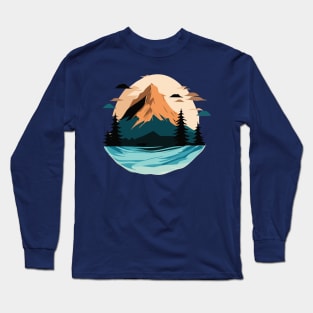 t-shirt design, painting of a mountain with trees and water, a detailed painting Long Sleeve T-Shirt